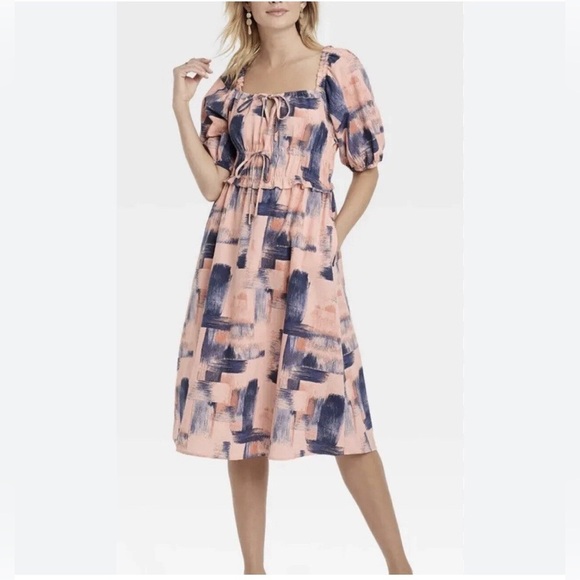 NWT Universal Thread women’s XXL Boho Dress pink navy puff sleeves - Picture 1 of 10